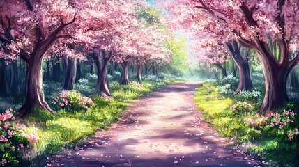 A serene pathway lined with cherry blossom trees in full bloom during a bright spring afternoon in a peaceful park setting