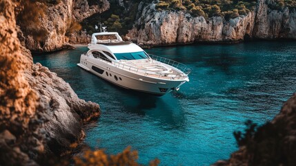 Exquisite motor large white yacht in the sea bay with brown rocks in the background