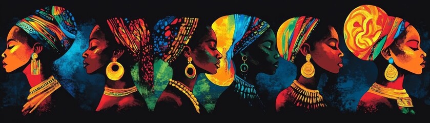 African Queen - A Profile in Color, Digital Painting, 5 Women, Traditional Headscarves, Jewelry, Black Background, African Culture