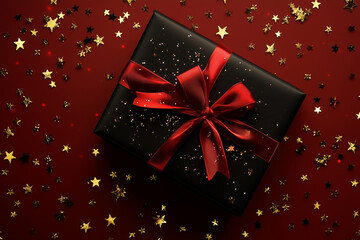 Elegant black gift box adorned with a red ribbon, surrounded by sparkling gold stars for a festive celebration