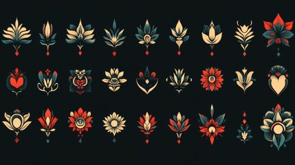 Floral Pattern in Red, Yellow, and Blue, Digital Illustration, 36 Unique Designs, Black Background, Pattern Design