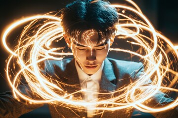 Poster - Dynamic man surrounded by swirling lights representing the energy of creativity focus and the drive for innovation in a visually vibrant electrifying scene