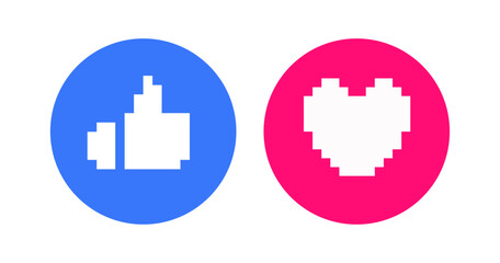 Poster - Pixel like and love icon button. Thumbs up and heart flat icon in modern circle shapes , Social media notification icons. emoji post reactions set. Vector illustration