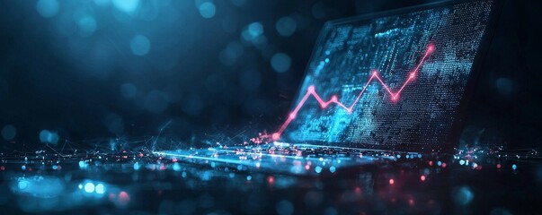 Poster - Futuristic laptop with rising digital graph in a glowing technological environment