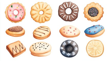 Wall Mural - Cookies set. White background. Watercolor illustrations