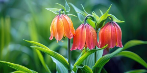 Wall Mural - Crown Imperial Fritillary with Elegant Bell-Shaped Flowers in Orange-Red, Adorned with Small Leaves