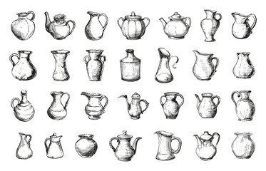 Wall Mural - Jug Icons Set Hand Drawn Ink Sketch Low Detailed Line Crisp Contours White Background Vintage Retro Style Collection Monochrome Outline Drawing Household Objects Ceramic