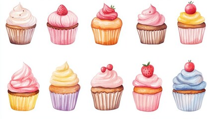 Canvas Print - Cupcakes set. White background. Watercolor illustrations