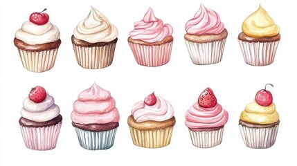 Canvas Print - Cupcakes set. White background. Watercolor illustrations