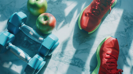 A close-up shot of a set of blue dumbbells, a pair of red running shoes, and a green