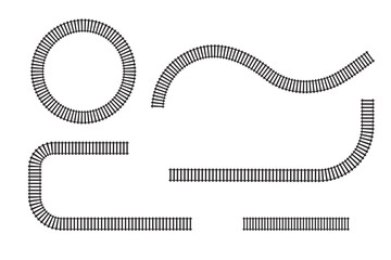 Set of railroad parts. Rail road elements in top aerial view. Train track straight and curvy lines and circle frame isolated on white background. Fence or stairs texture. Vector graphic illustration