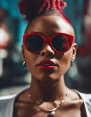 Wall Mural - A stunning portrait of a woman with a sharp mohawk, wearing white cat-eye sunglasses and red lipstic