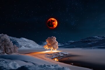 A serene image of a lunar eclipse as seen from a quiet, snowy landscape, with the moon casting a soft, reddish light over the snow