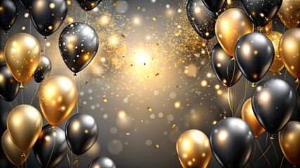 Elegant Black and Gold Balloons with Sparkles Against a Soft Gray Blur Background - Perfect for Celebrations, Parties, and Events