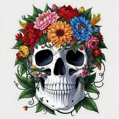vibrant and intricate digital illustration of a sugar skull adorned with a lush array of colorful fl