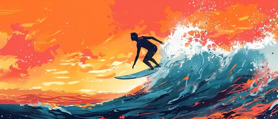 Surfer practicing surfing on wavy sea with splashing water