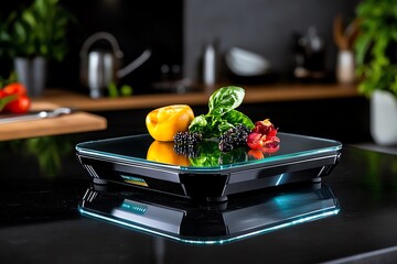 A sleek digital weighing scale with a glass platform and a bright LED display, perfect for modern kitchens or personal use, symbolizing precision and contemporary design