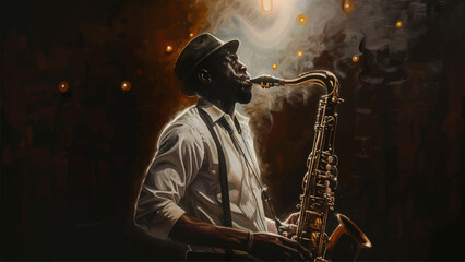 Saxophonist in a Hat and White Shirt Stands on a Dimly Lit Stage Oil on Canvas Illustration Jazz Musician Elegant Hat Classic White Shirt Melancholic Lighting Stage Atmosphere