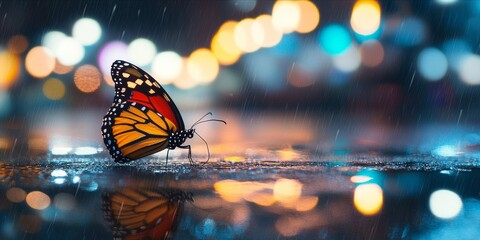 A beautiful colorful butterfly sits on a wet city street, its wings glistening in the rain. The city lights are reflected in the puddles.