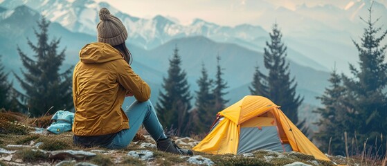 Relaxed korean woman adventurer waking up camping in mountains 