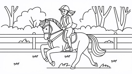 Wall Mural - Girl riding a horse. Equestrian sport. Coloring book for children. Coloring book for children. Simple black lines, high quality.