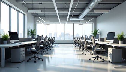 The modern open-plan office with a clean, organized layout. The workspace features rows of individual desks equipped with computers and ergonomic office chairs, separated by privacy screens. office 
