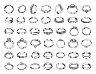 Wall Mural - wedding rings icons set simple line art engraving style vintage design white background engagement b