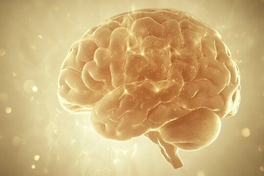 Digital rendering of a brain with glowing golden light symbolizing cognitive clarity intelligence and the brilliance of thought in an abstract modern setting