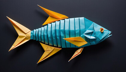 Wall Mural - The shape of a fish completely folded out of paper, abstract representation of fish as food