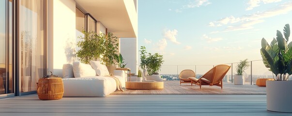 Wall Mural - Scandinavian rooftop terrace with modern furniture and green plants