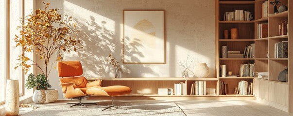 Wall Mural - Modern Scandinavian living room interior with wooden furniture and cozy decor