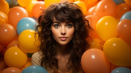 A person with a puzzled expression surrounded by floating colorful balloons against a bright yellow backdrop