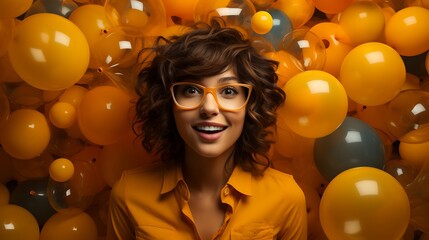 A person with a puzzled expression surrounded by floating colorful balloons against a bright yellow backdrop