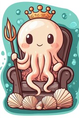 Wall Mural - Cute Cartoon Octopus King on Throne