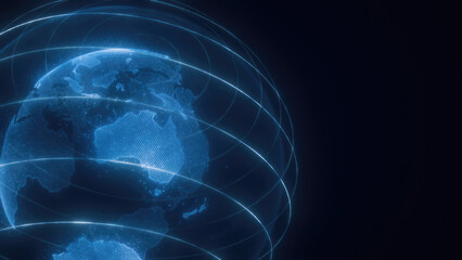 Poster - A digital representation of blue Earth with glowing lines encircling the planet, highlighting global connectivity and technology