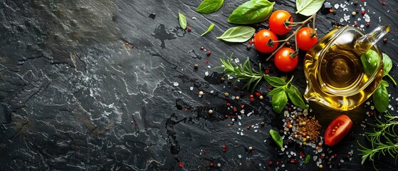 Food background. Top view of olive oil, cherry tomato, herbs and spices on rustic black slate