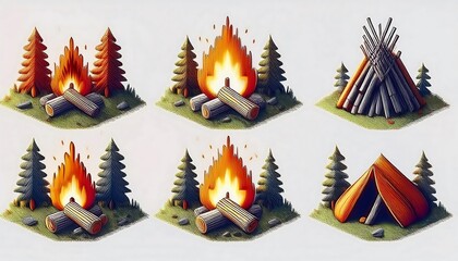 Wall Mural - Camp Life Pixelated Assets - 16-bit pixel art collection featuring various camping icons. Game Design assets collection on white background. Graphic art 8 bit illustration