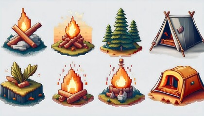 Wall Mural - Camp Life Pixelated Assets - 16-bit pixel art collection featuring various camping icons. Game Design assets collection on white background. Graphic art 8 bit illustration elements