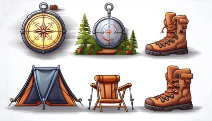 Wall Mural - Camp Life Pixelated Assets - 16-bit pixel art collection featuring various camping icons. Game Design assets on white background - compass, tent, hiking boots. Graphic art 8 bit illustration