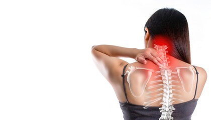 adult fit female with muscle pain due to cervicalgia neck pain. Office syndrome and medical concept from sitting at a computer too long. isolated on white background with copy space