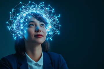 Portrait of a woman with a glowing neural crown symbolizing intellect leadership and the futuristic fusion of technology and thought in a modern digital art style