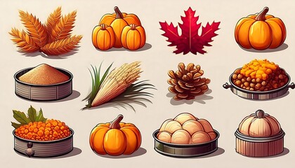 Wall Mural - Autumn Harvest Pixelated Icons - 16-bit pixel art set featuring icons related to autumn harvesting - pumpkin, leaves, pie and corn. Graphic art 8 bit illustration elements