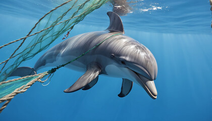 Depiction of a dolphin, as an endangered marine mammal, entangled in an ownerless fishing net or as by-catch of industrial fishing