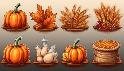Wall Mural - Autumn Harvest Pixelated Icons - 16-bit pixel art set featuring icons related to autumn harvesting - pumpkin, leaves, pie and corn. Graphic art 8 bit illustration. Ai Generated