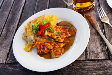 Canvas Print - Dish of Czech cuisine - chicken fillet served with baked potato and gravy