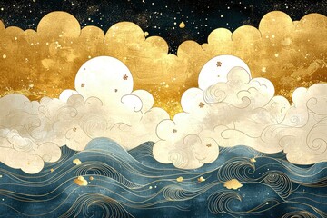 Poster - Abstract Japanese Style Clouds and Ocean with Gold Texture