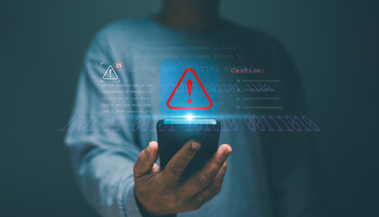 Poster - Man using smartphone with red triangle caution warning sign alert for notification error and maintenance, cyber security, Ransomware, Phishing, Spyware, hacker attacks and hacking data.