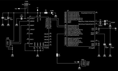 Schematic diagram of electronic device on sheet of paper.
Vector drawing electrical circuit with
resistor, capacitor, integrated circuit,
led, microcontroller, usb, other components.