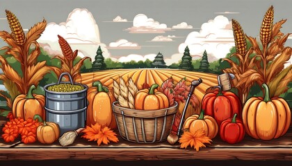 Wall Mural - Harvest Time Pixelated Scene - 16-bit pixel art of autumn harvesting symbols - pumpkin, wheat. Graphic art 8 bit illustration. Harvesting background