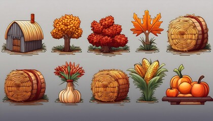 Wall Mural - Autumn Farm Pixelated Icons - 16-bit pixel art set of autumn harvesting icons - pumpkin, wheat, barn. Graphic art 8 bit illustration. Harvesting elements